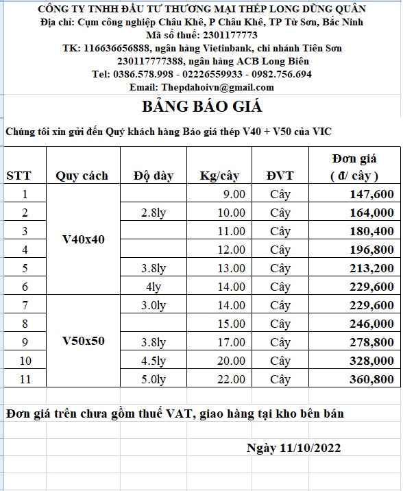 Bảng báo giá thép V-VIC