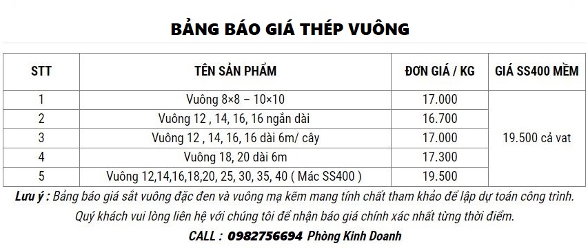 Báo giá thép vuông mềm uốn rẻ nhất tại Hà Nội